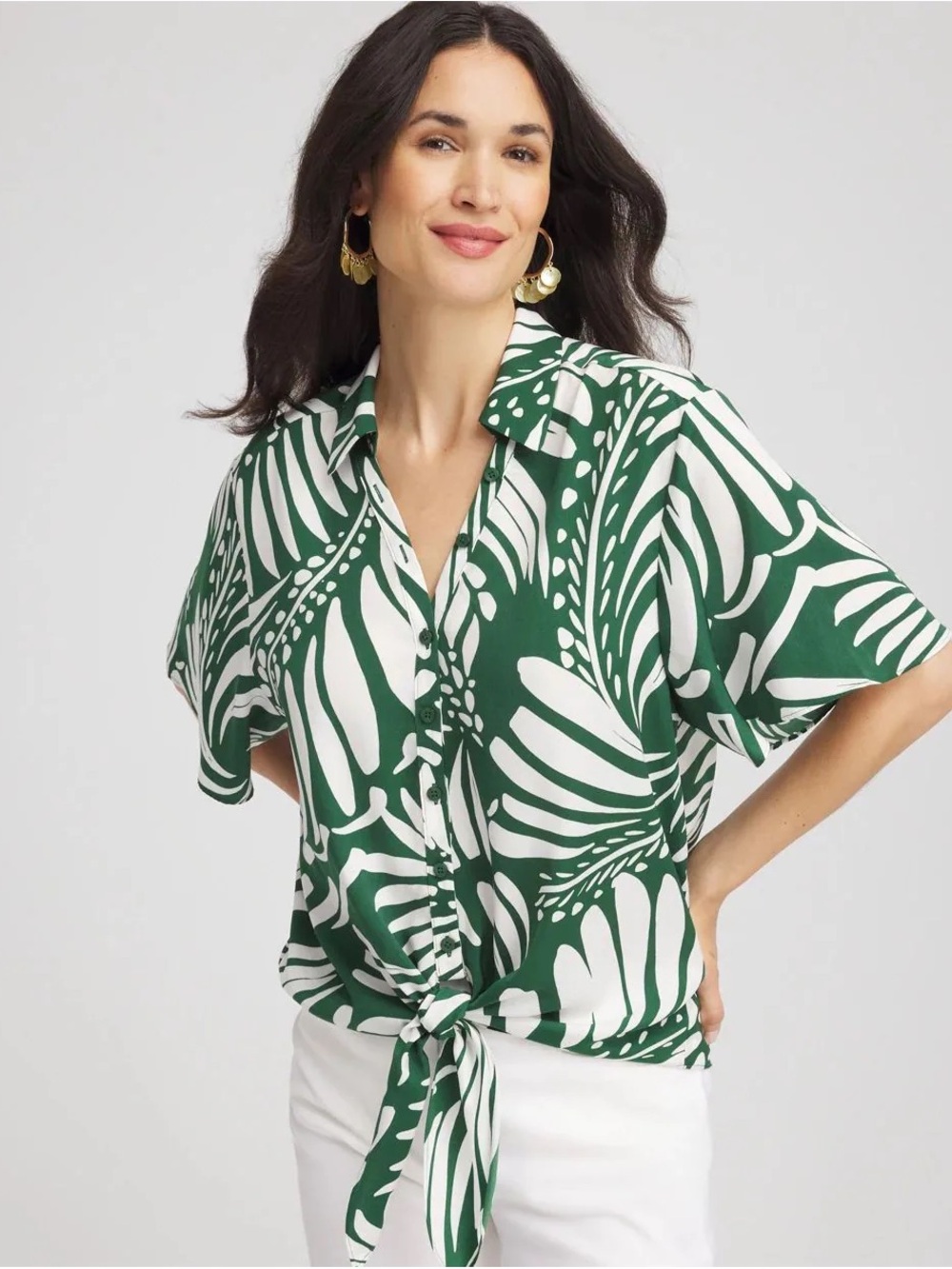 Chico’s Palm Print Tie-Front Silky Top Size 2